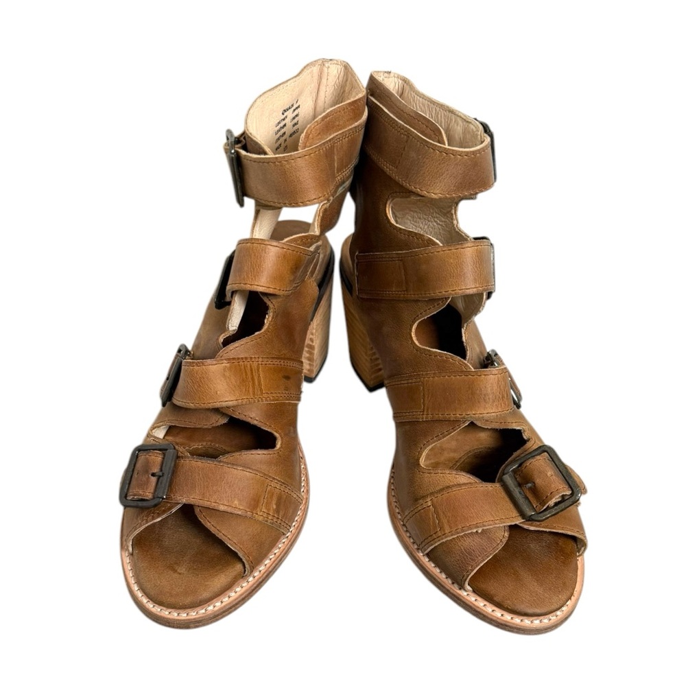 Brown Strappy Leather Block Heel Sandals